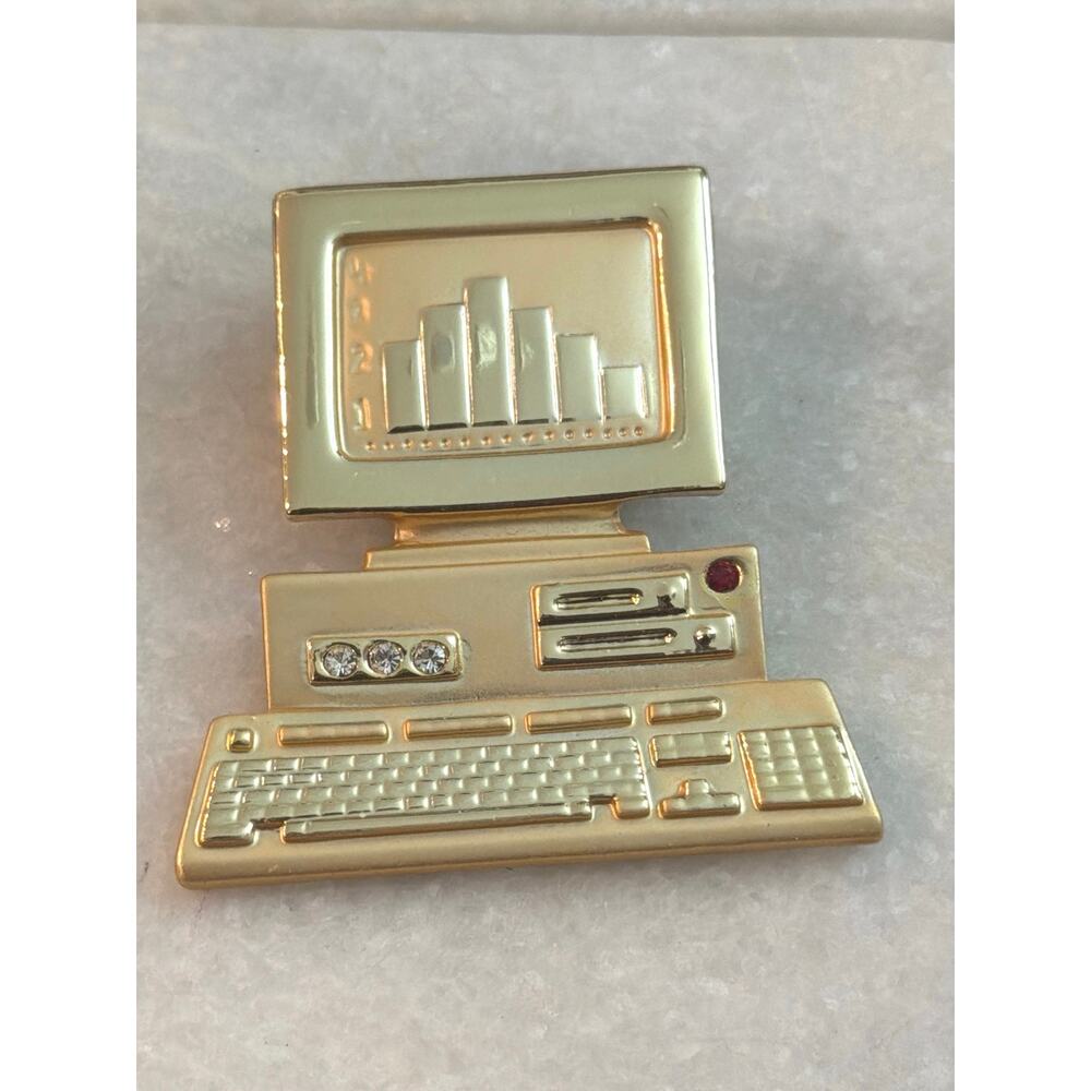 Vintage AJC Gold Tone Computer & Monitor Pin Brooch with Rhinestones 1980's